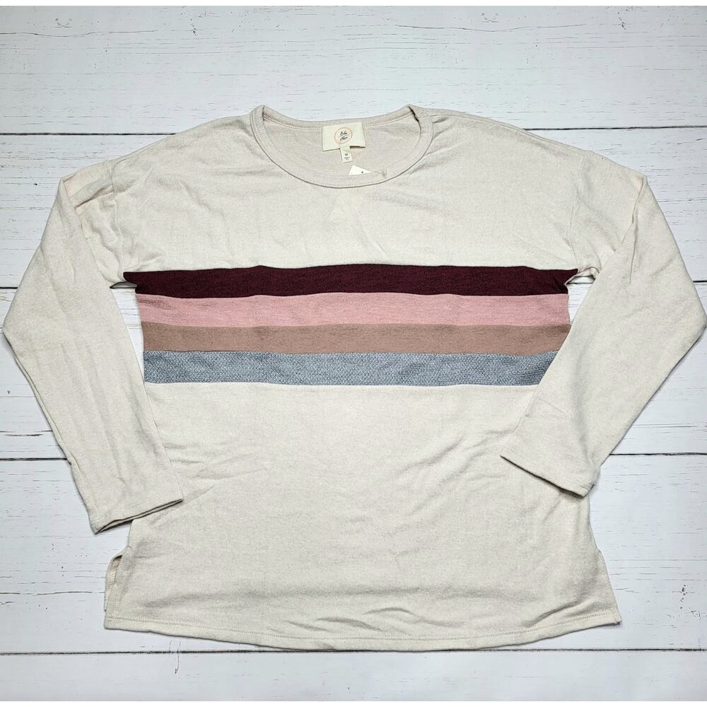 Anthropologie Ella Mara Hacci Striped Crewneck Sweater Creme Cream Maroon Medium